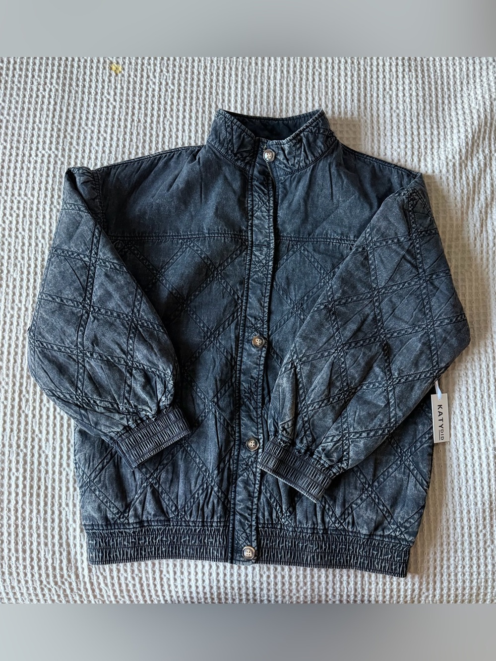 Katydid Charcoal Luxe Oversized Black Quilted Diamond-Stitch Puffer Jacket NWT